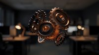 Bronze metallic gears and cogs floating in modern office space representing teamwork, collaboration and business mechanics in corporate environment.