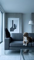 Modern minimalist living room interior with black cat and brown dog relaxing on gray sofa near large window with natural light and contemporary decor.