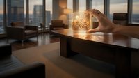 Young adult male hand holding glowing brain hologram on modern office desk with city skyline view, representing artificial intelligence, innovation, and technology solutions for business.