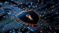 Black shield with golden key icon on circuit board background with glowing connections, representing cybersecurity and digital data protection concept.