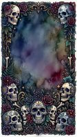 Watercolor gothic frame with skulls and ornate floral borders featuring roses, featuring decorative elements for dark romantic designs, posters, and alternative artwork backgrounds.