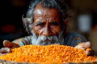 Elderly man with gray beard examining vibrant orange lentils or pulses on traditional wooden platter, showcasing agricultural produce inspection and food quality control.