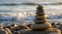 Balanced stone stack on beach at sunset with golden light reflecting on ocean waves and pebbles creating peaceful meditation scene for wellness concepts.