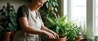 Senior Caucasian woman in linen apron tending to potted ferns and houseplants by a bright window, surrounded by lush indoor greenery.