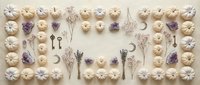Flat lay arrangement of white pumpkins, dried lavender flowers and vintage keys creating decorative autumn border frame on neutral background.