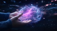 Magical glowing energy sphere floating between hands against dark background, with purple and blue light particles creating mystical atmosphere.