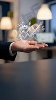 Businessman holding glowing financial icons including charts, gears, currency symbols and scales in palm, representing business growth, investment strategy and financial management in modern office.