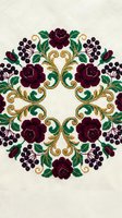 Ornate floral embroidery design with burgundy roses and gold scrollwork on cream fabric. Traditional decorative needlework pattern for textile crafts.