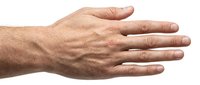 Male hand gesture showing open palm isolated on white background for design and presentation use.