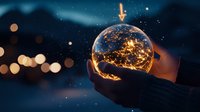 Hand holding glowing Earth globe with city lights against starry night sky background with bokeh effects for environmental and global concepts.