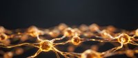 Glowing golden neural network nodes connected by luminous threads against dark background, representing artificial intelligence, data connectivity, and digital communication technology.