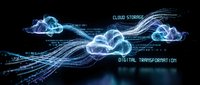 Digital cloud computing network with glowing data streams and binary code flowing between connected cloud icons on dark background for technology concepts.