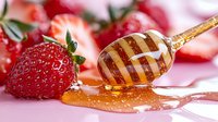 Fresh ripe strawberry with golden honey dripping from vintage spoon on light background, macro food photography showing sweet natural ingredients.