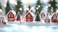 Miniature red and white Christmas village display with tiny houses, candy canes, and evergreen trees on snowy surface against blurred bokeh lights background.
