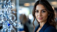 Young professional Hispanic businesswoman in navy blazer smiling confidently in modern office with crystal chandelier lighting for corporate presentations.