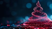 Magical spiral light trail forming Christmas tree shape against dark blue bokeh background with glowing pink and red sparkles and particles.