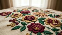 Embroidered floral pattern with burgundy and gold roses on cream fabric featuring intricate needlework and decorative stitching for textile crafts.