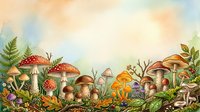 Watercolor illustration of various mushrooms and toadstools with ferns and foliage in earthy tones, suitable for botanical art, children's books, and nature-themed designs.