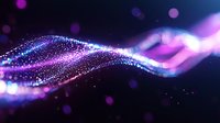 Magical glowing particles flow in waves of purple and blue light against dark background, creating ethereal atmospheric effect with bokeh and sparkles.