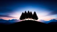 Silhouette of pine trees on hilltop against dramatic sunset sky and mountain range backdrop, creating mystical atmosphere with vibrant pink and blue colors.