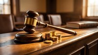 Wooden gavel with golden coins on judge desk in courtroom representing legal fees, financial litigation, bankruptcy proceedings, and justice system costs.
