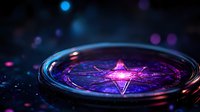 Mystical compass with glowing purple pentagram symbol on dark background with bokeh lights, creating magical atmosphere for spiritual concepts.
