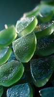 Fresh aloe vera plant leaves with water drops in macro view showing natural gel texture and moisturizing properties for skincare and wellness products.