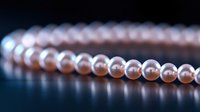 Elegant strand of pink pearls with soft focus and shallow depth of field creating luxurious jewelry background on dark reflective surface.