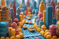 Colorful miniature toy city with retro-styled skyscrapers, yellow taxi cabs, and urban elements in teal, coral pink, and orange creating a playful architectural diorama perfect for design projects.