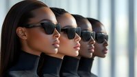 Four diverse women wearing dark sunglasses and black turtlenecks stand in profile against a bright, blurred background. Suitable for fashion, lifestyle, diversity, and corporate marketing materials.