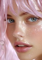 Close up portrait of young woman with pink hair and blue eyes showing glowing dewy skin and natural makeup, highlighting modern beauty trends.