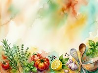 Watercolor cooking background with fresh tomatoes, herbs, lemon, garlic, and kitchen utensils arranged on bottom border. Soft pastel washes in yellow, green, and blue create dreamy culinary backdrop suitable for recipe blogs, food websites, and cooking publications.