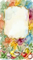 Watercolor frame with gold ornate border surrounded by vibrant rainbow ink washes, fresh vegetables, herbs, olive oil, and cooking ingredients on white background, isolated design element for recipe cards, menus, kitchen decor, invitations, and culinary projects.