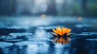 Yellow water lily floating on dark blue water surface with ripples and reflections, creating serene atmosphere for wellness and meditation backgrounds.