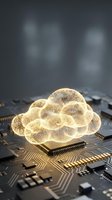 Glowing cloud symbol with neural network pattern sitting on computer circuit board, representing cloud computing, artificial intelligence, and digital technology infrastructure.