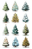Watercolor collection of twelve different evergreen trees in various styles, colors and seasonal appearances for holiday designs.