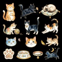 Cute cats collection with various poses, breeds and accessories isolated on transparent background. Includes sitting, playing and stretching kittens, cat faces, paw print, food bowl and collar. Ready for t-shirt design, stickers, clipart and print-on-demand projects.