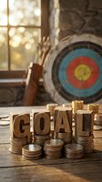 Wooden letter blocks spelling GOAL on stacked coins with archery target and arrows in background representing achievement and financial success motivation.