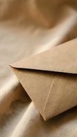 Kraft paper envelope on soft beige fabric, closeup macro shot evoking vintage correspondence, eco-friendly mail, and elegant invitation concepts.