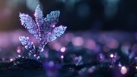 Glowing digital flower made of binary code and data emerging from dark ground with purple bokeh lights, representing growth of artificial intelligence and technology.
