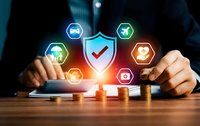 Businessman hands protecting digital shield with checkmark surrounded by colorful security icons representing comprehensive data protection and cybersecurity.