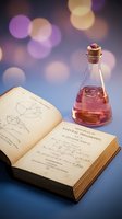 Vintage science book with red potion bottle and colorful bokeh lights creating magical laboratory atmosphere for education and research concepts.
