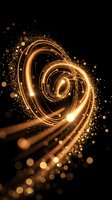Golden swirling energy trails with sparkling particles and bokeh effects on black background for luxury design projects and motion graphics.