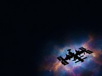 Silhouette of space station orbiting against colorful nebula with blue and orange cosmic clouds, stars scattered throughout dark space background. Suitable for science fiction, astronomy, and space exploration projects.
