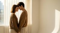 Young couple sharing intimate moment by window with soft natural light creating romantic atmosphere in modern home interior.