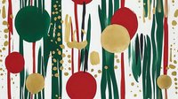 Abstract festive pattern with red and gold circles against green vertical stripes and scattered dots creates modern holiday mood. Seamless repeat design for wrapping paper.