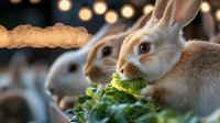 Adorable domestic rabbits eating fresh green leafy vegetables in cozy indoor setting with warm bokeh lights creating magical atmosphere for pet care content.