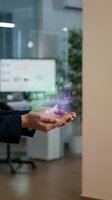 Businesswoman holding holographic data visualization with charts and graphs floating above palm in modern office environment for digital transformation.