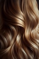 Luxurious wavy blonde hair with honey highlights and caramel tones. Smooth, glossy texture showcases natural movement for beauty and haircare advertising.