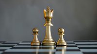 Golden chess queen piece standing tall between two pawns on chessboard, symbolizing leadership, strategy and hierarchy in business management.